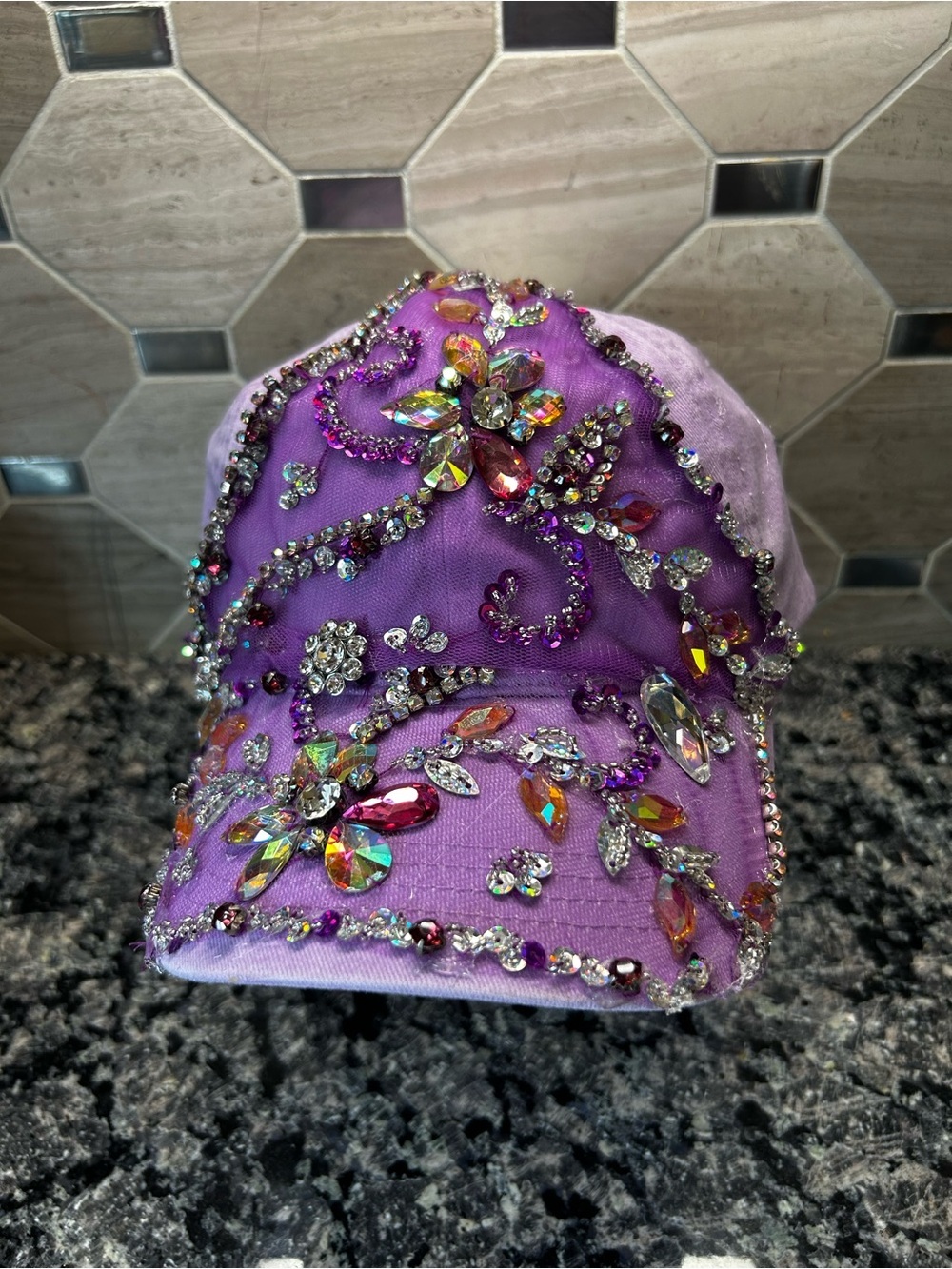OOAK Bling Rhinestone Lavender Baseball Cap Handcrafted Festival Glam Hat - Picture 9 of 9